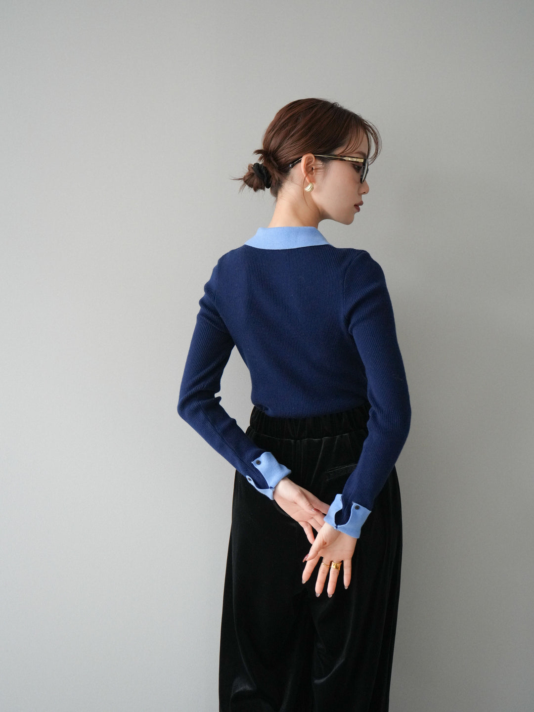 [予約]ニットカフス襟付き配色リブニットトップス/navy