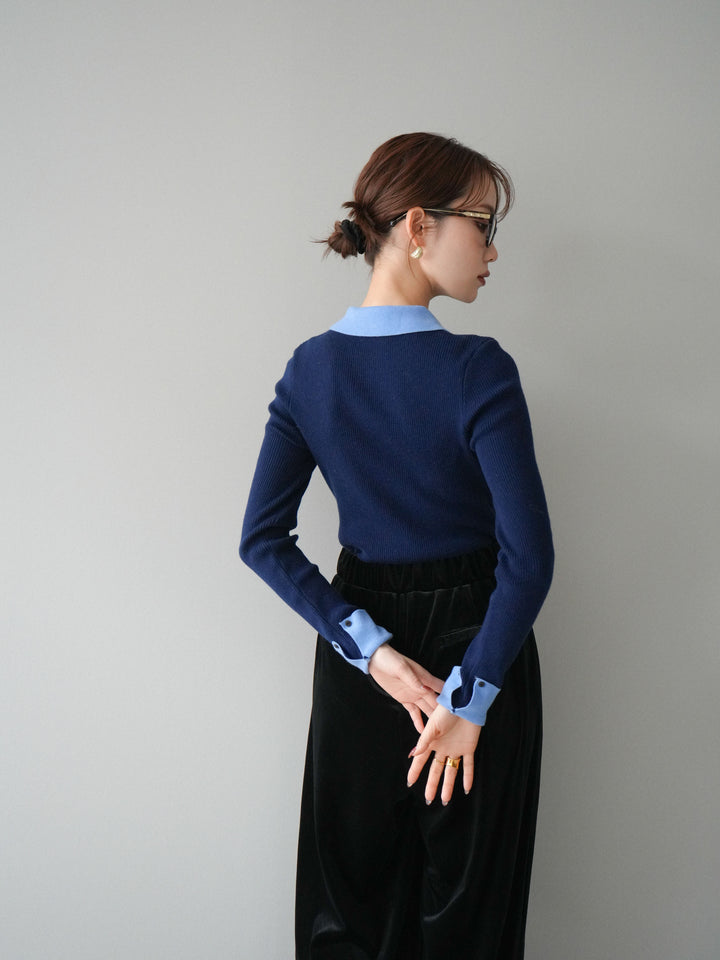 [予約]ニットカフス襟付き配色リブニットトップス/navy