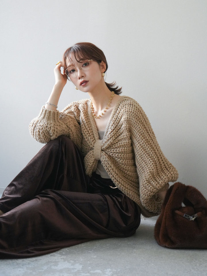 [SET]ローゲージ畦編みドルマンニットボレロ+ベロアベルトスリムパンツ(2set)