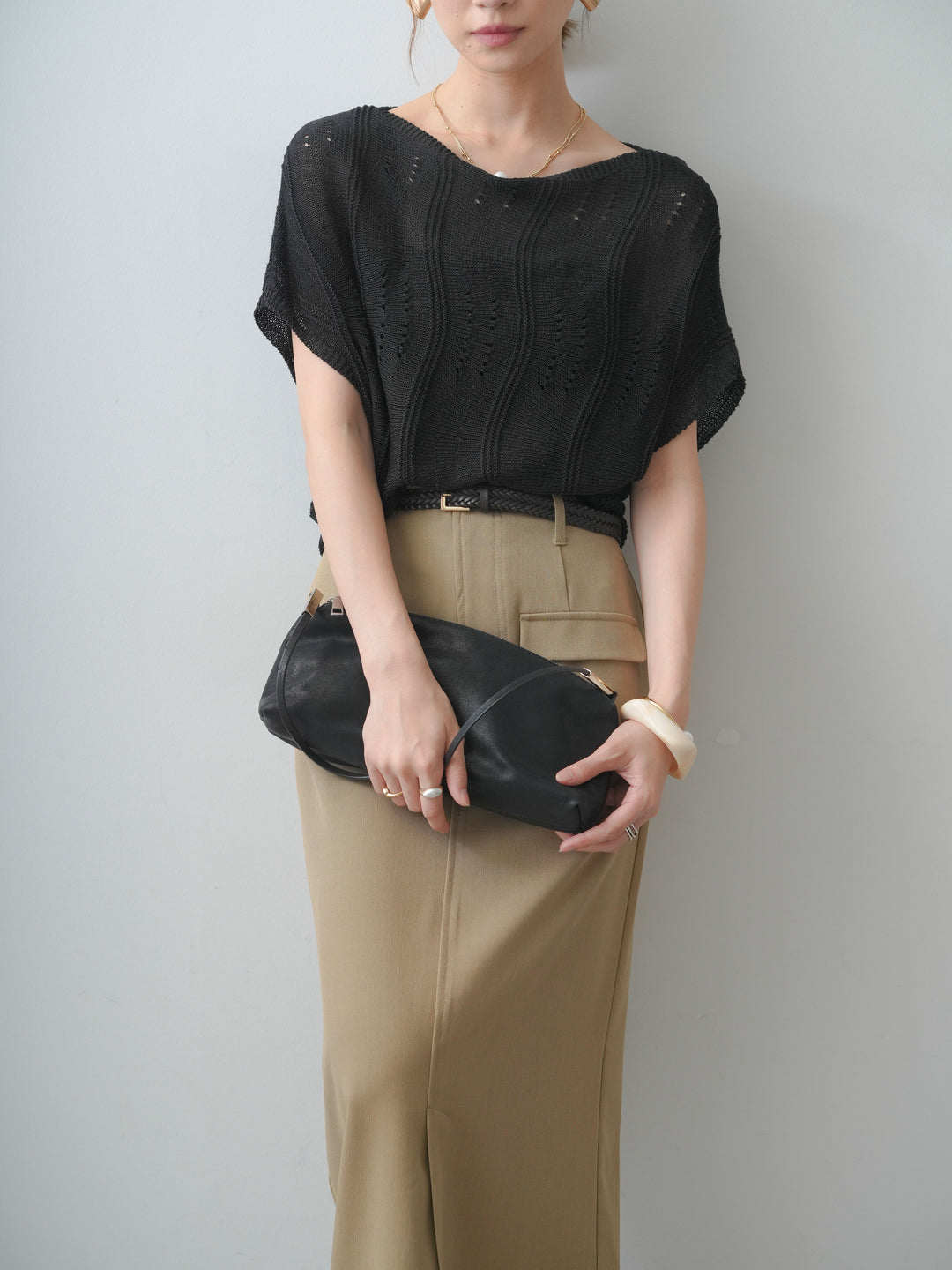 [SET]アイレットサマーニットトップス+クレープデシンフラップ付きストレートスカート(2set)