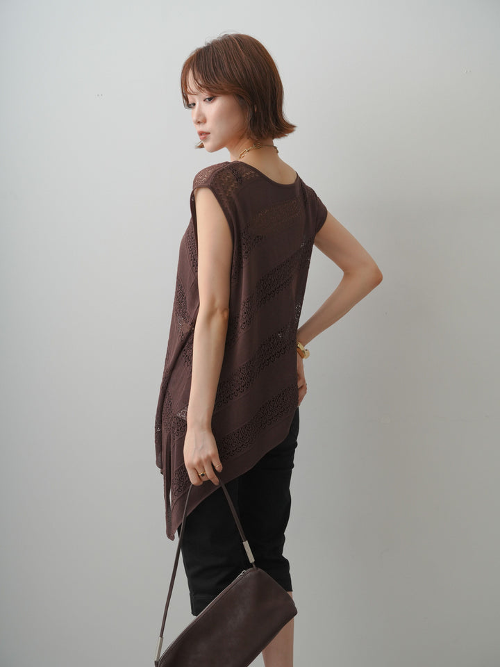 [予約]透かし編みアシメノースリトップス/brown
