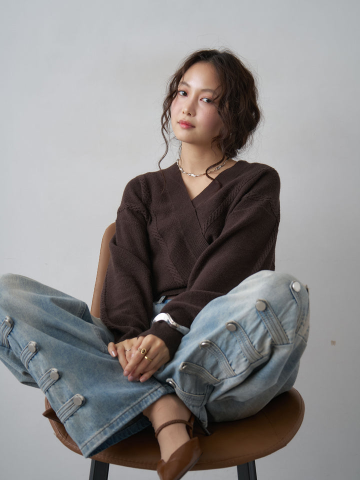 [SET]カシュクールミックスケーブルニットトップス+カシュクールミックスケーブルニットトップス(2set)