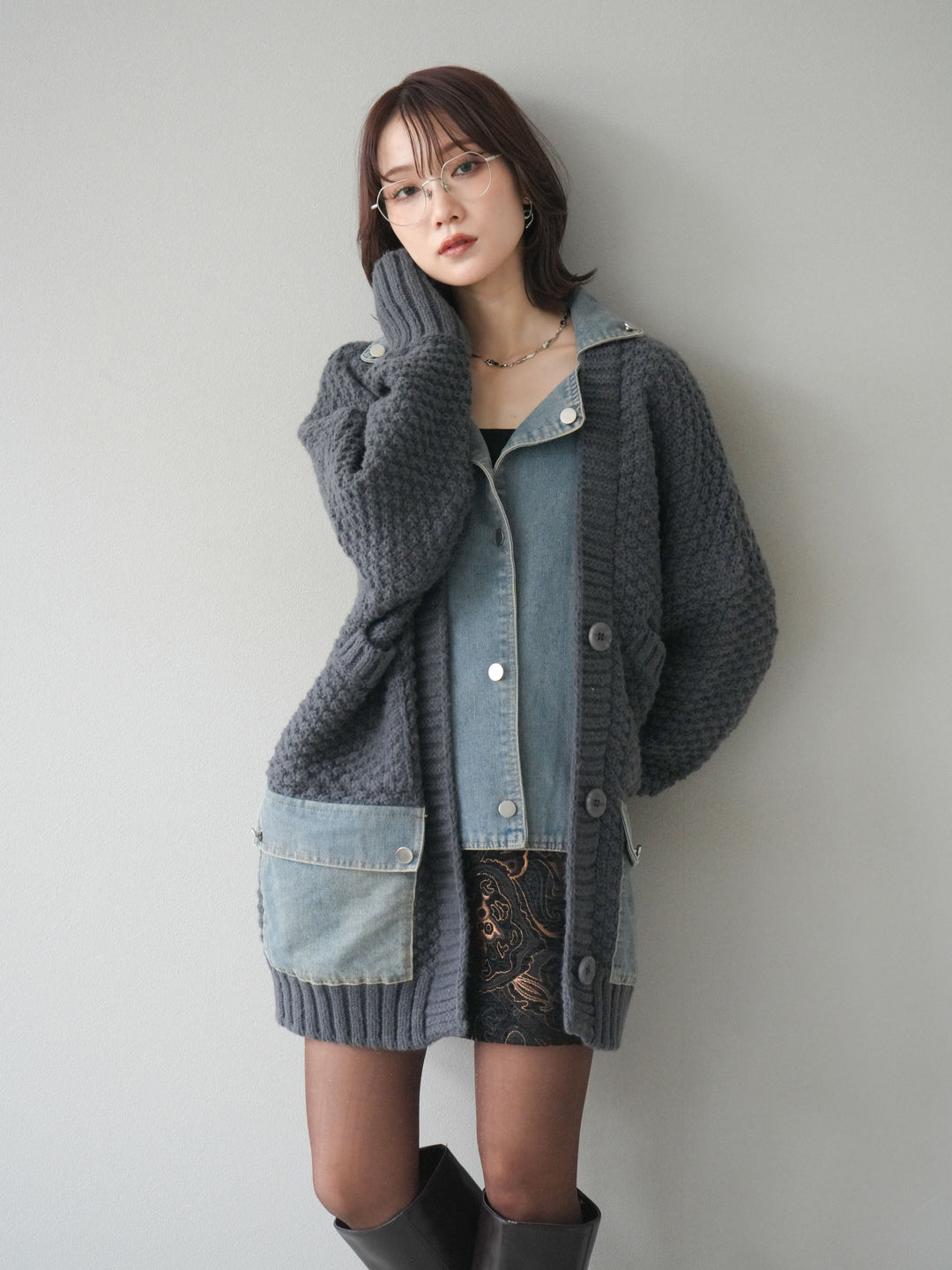 [SET]デニム襟レイヤードニットジャケット+デニム襟レイヤードニットジャケット(2set)