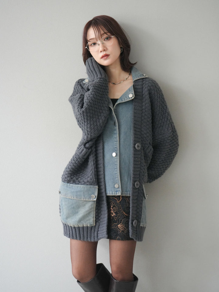 [SET]デニム襟レイヤードニットジャケット+デニム襟レイヤードニットジャケット(2set)