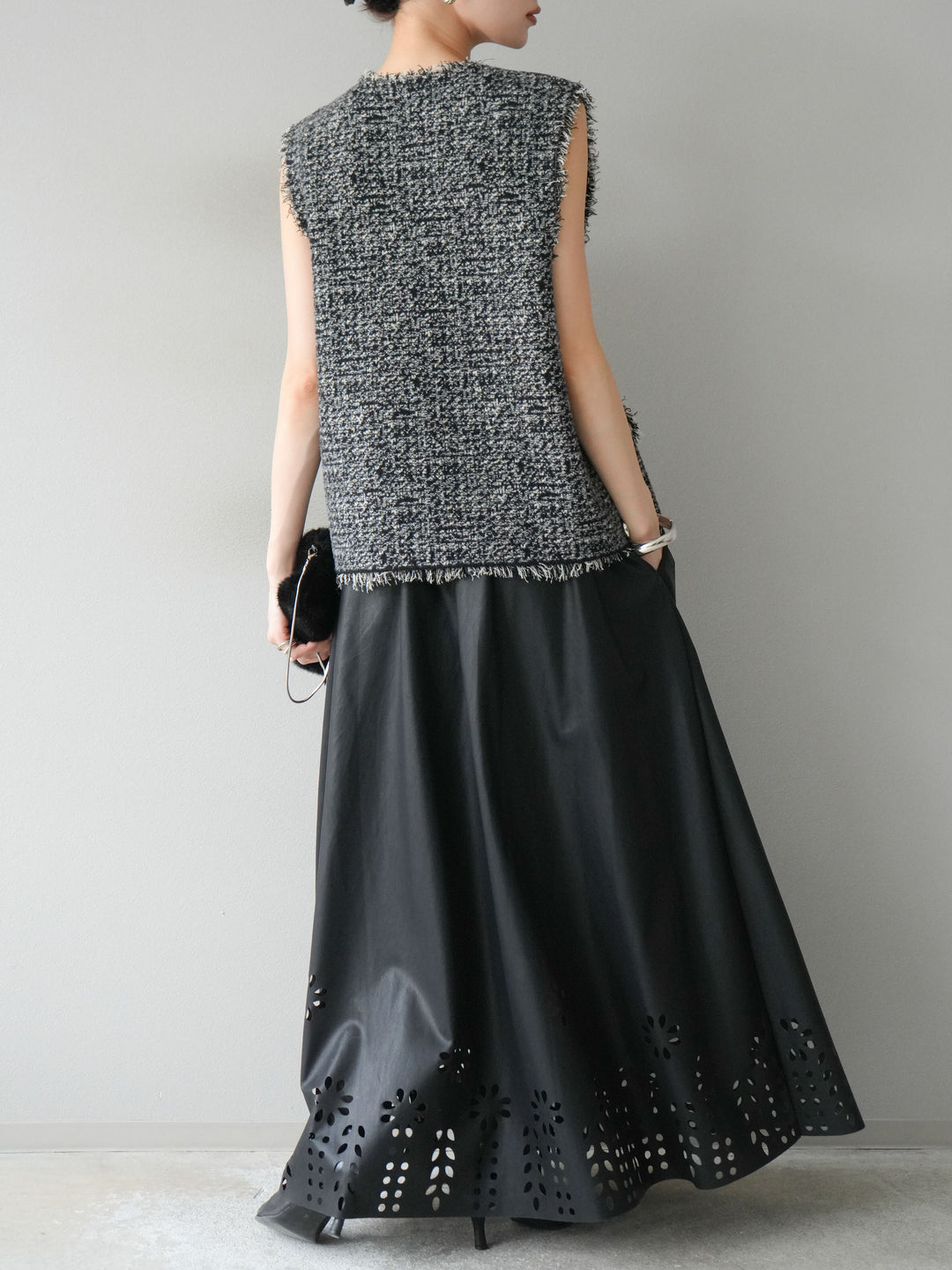 [予約]ミックスツイードフリンジニットベスト/ブラック