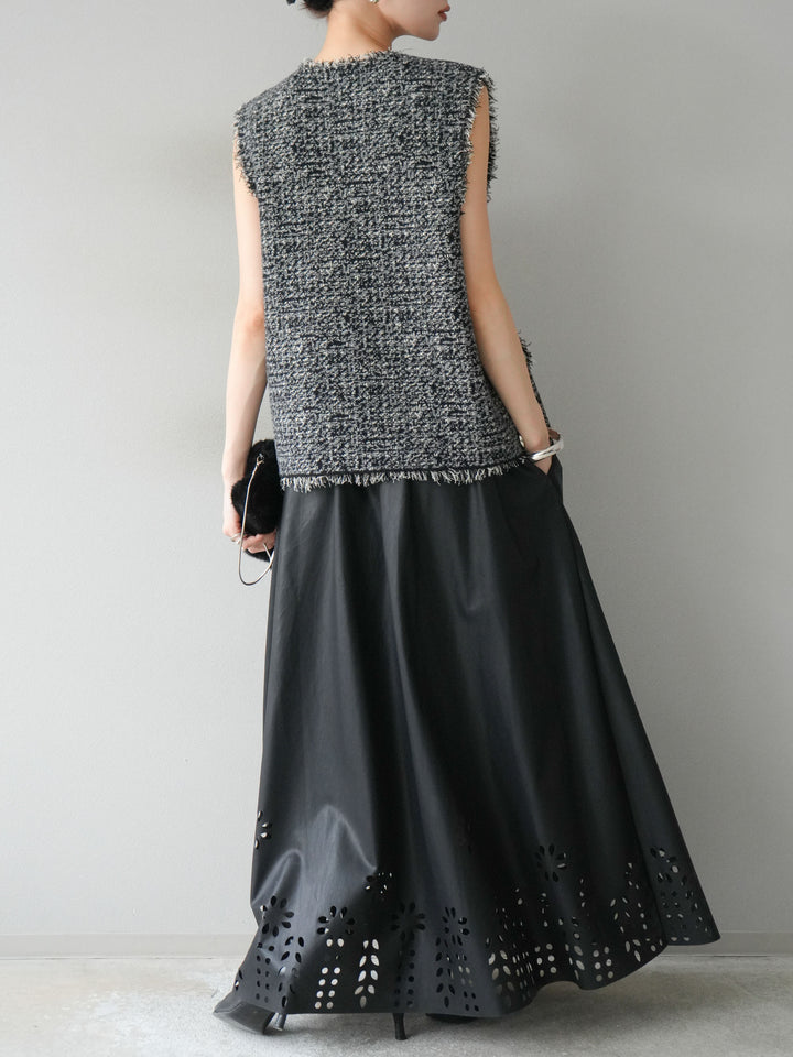 [予約]ミックスツイードフリンジニットベスト/ブラック