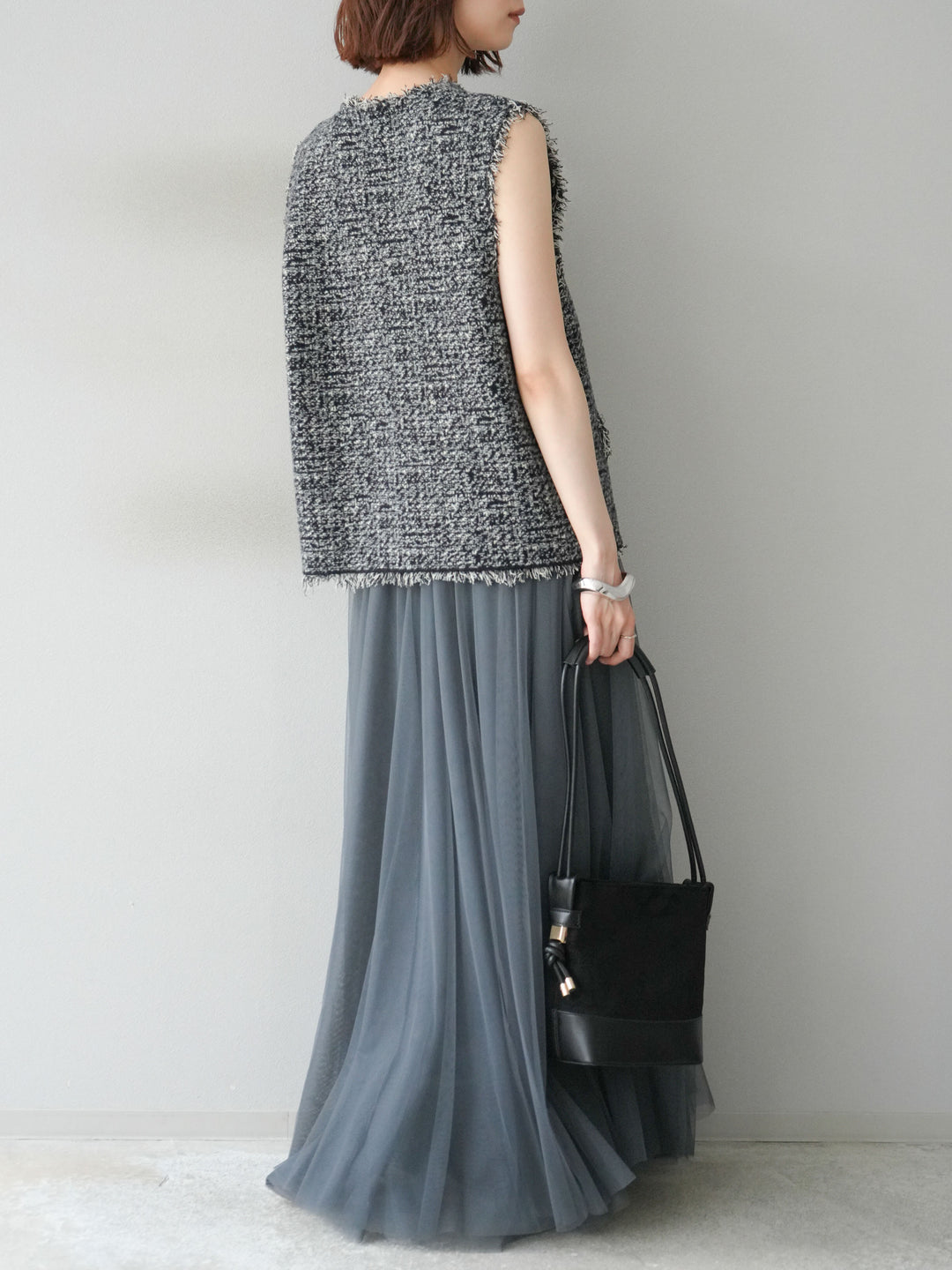 [予約]ミックスツイードフリンジニットベスト/ブラック