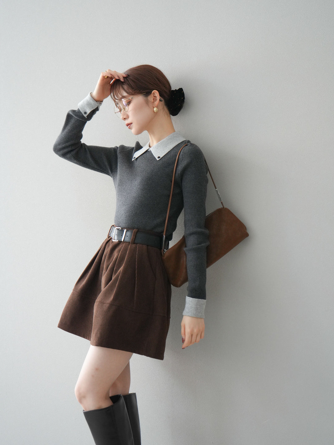 [予約]ニットカフス襟付き配色リブニットトップス/charcoal