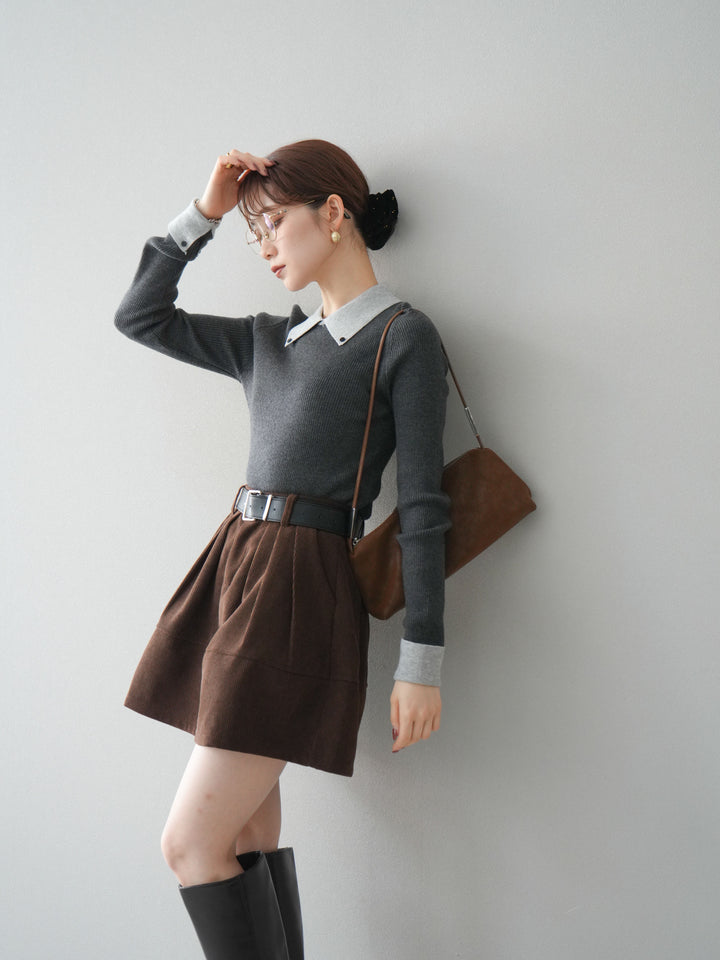 [予約]ニットカフス襟付き配色リブニットトップス/charcoal