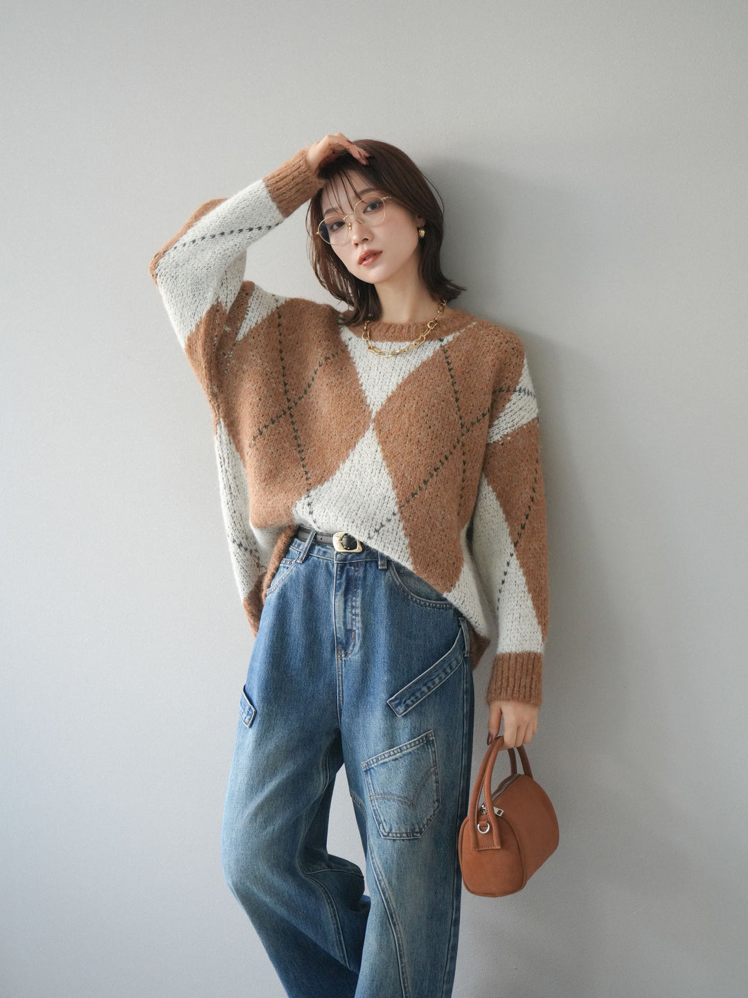 [予約]アーガイルオーバーニットプルオーバー/camel