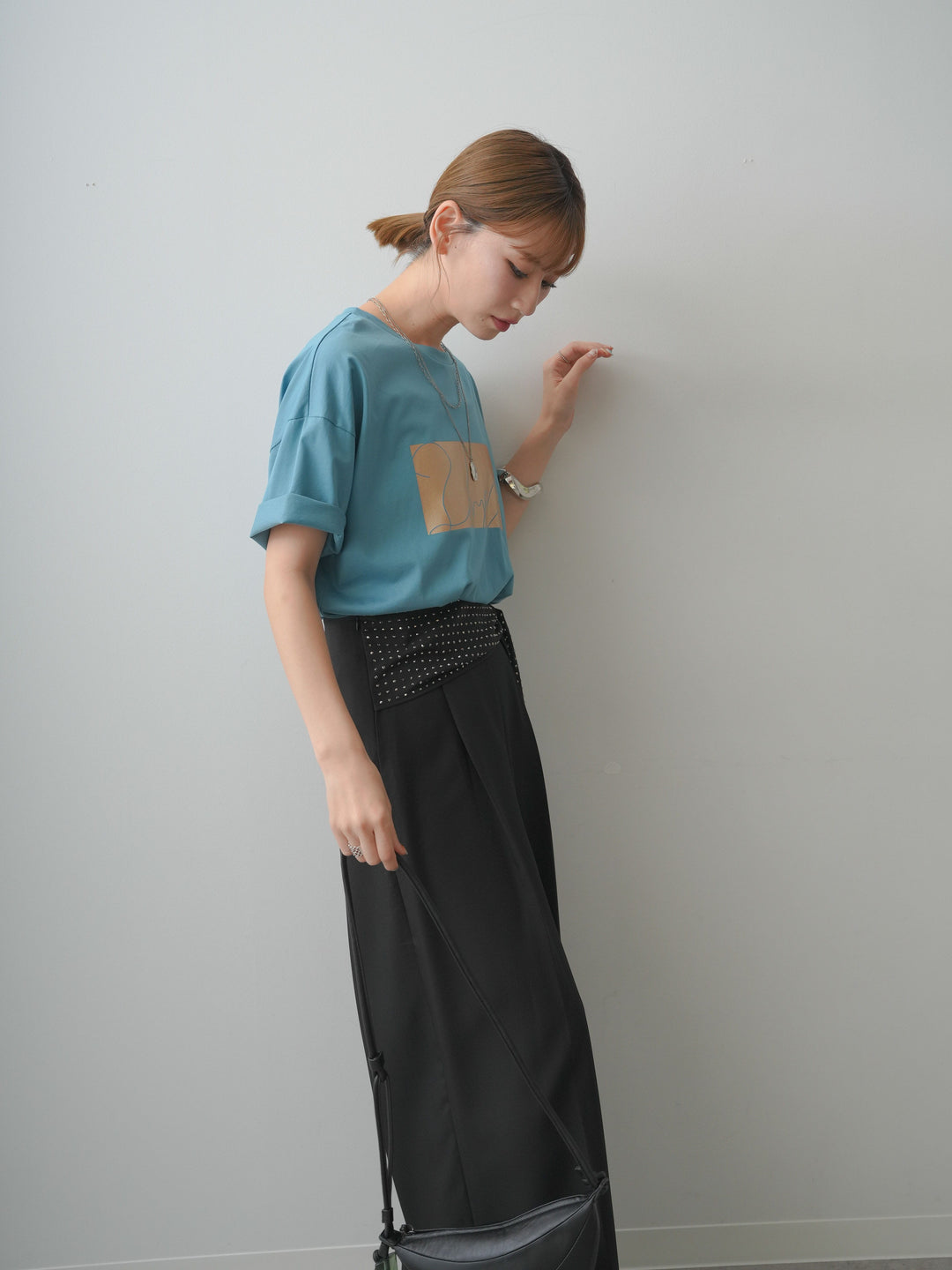 [SET]箔プリントボックスTEE+ビジューベルトタックワイドパンツ(2set)
