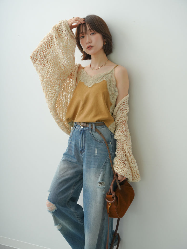 [SET]ミックスメッシュニットボレロ+ヘムタックダメージワイドデニム(2set)