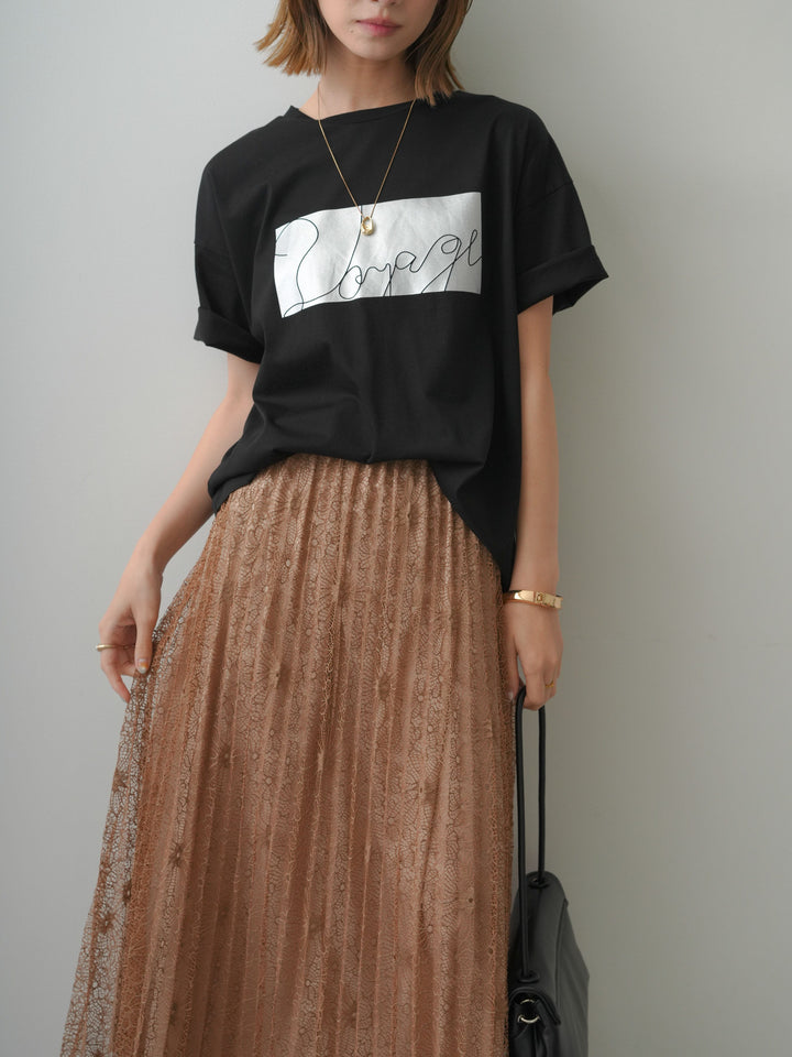 [SET]箔プリントボックスTEE+フローラルレースプリーツスカート(2set)