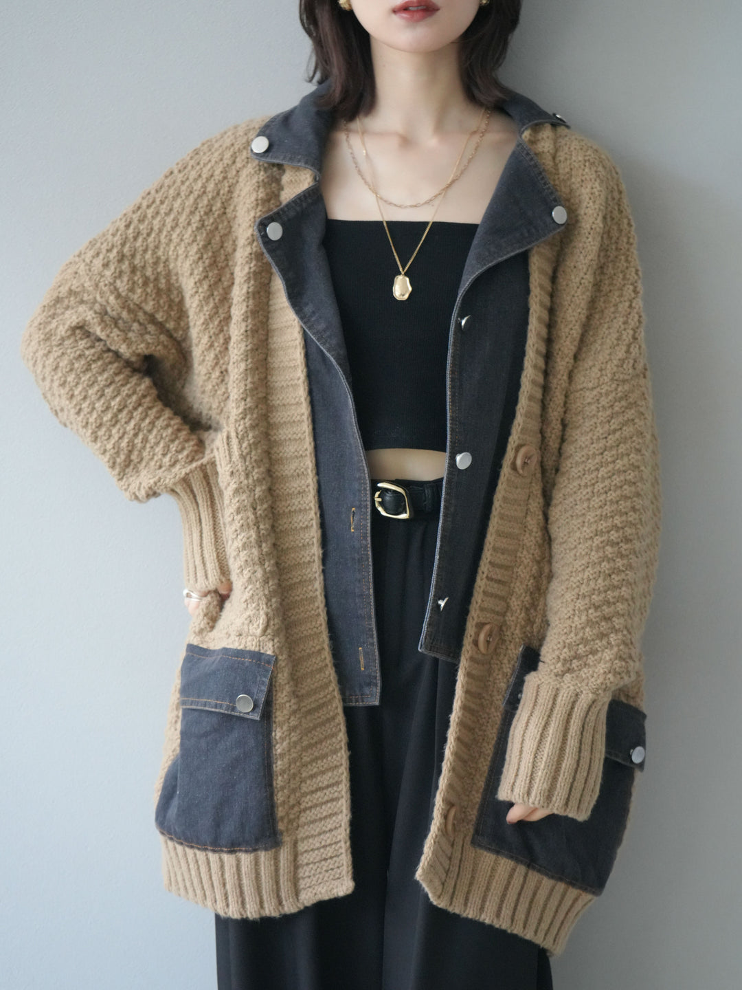 [SET]デニム襟レイヤードニットジャケット+デニム襟レイヤードニットジャケット(2set)