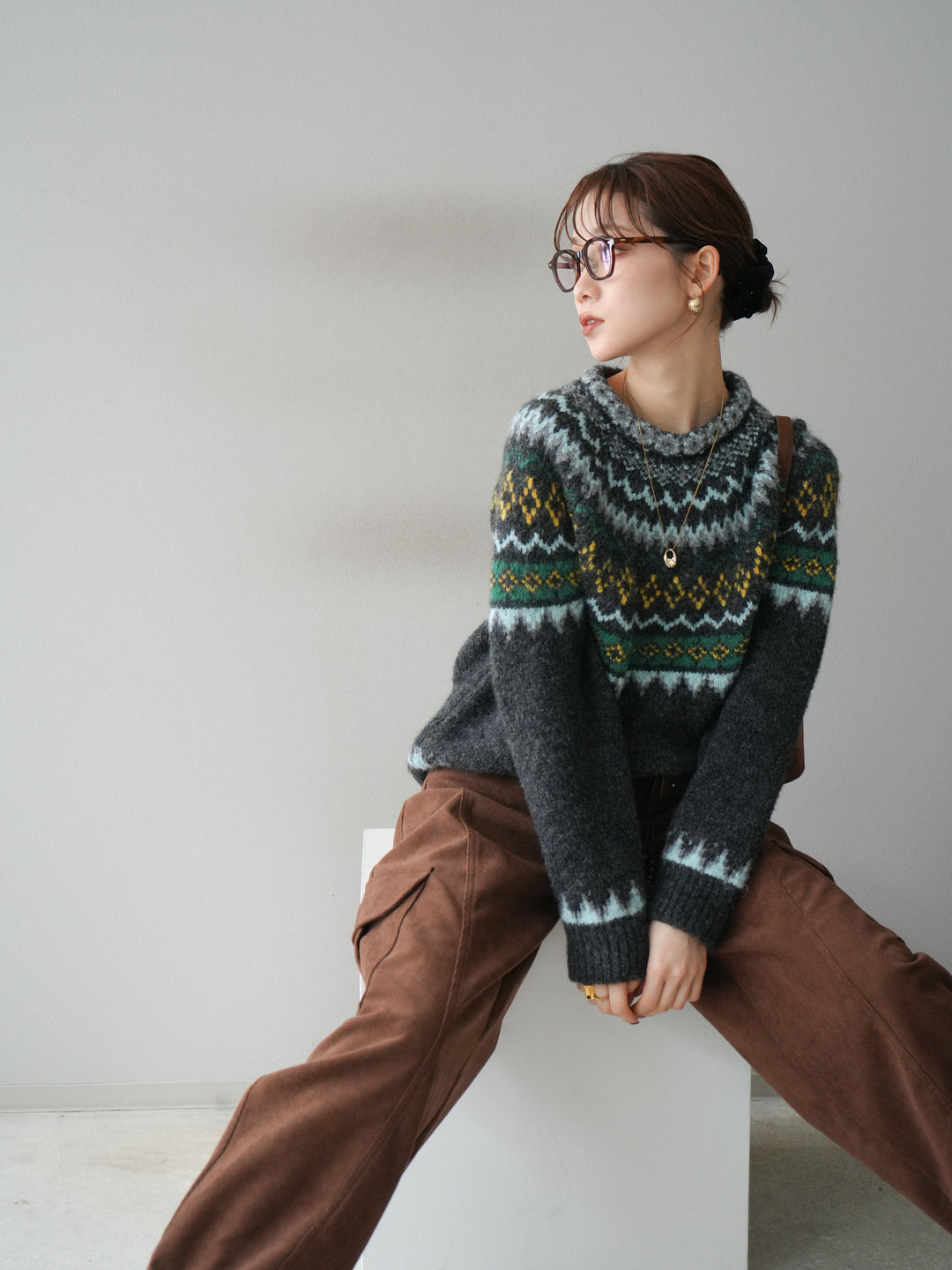 [予約]ウールタッチ求心柄オーバーニットプルオーバー/gray