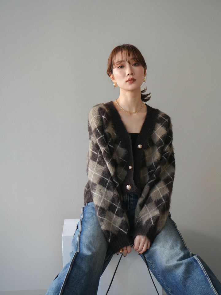 [予約]アーガイルシャギーニットカーディガン/brown