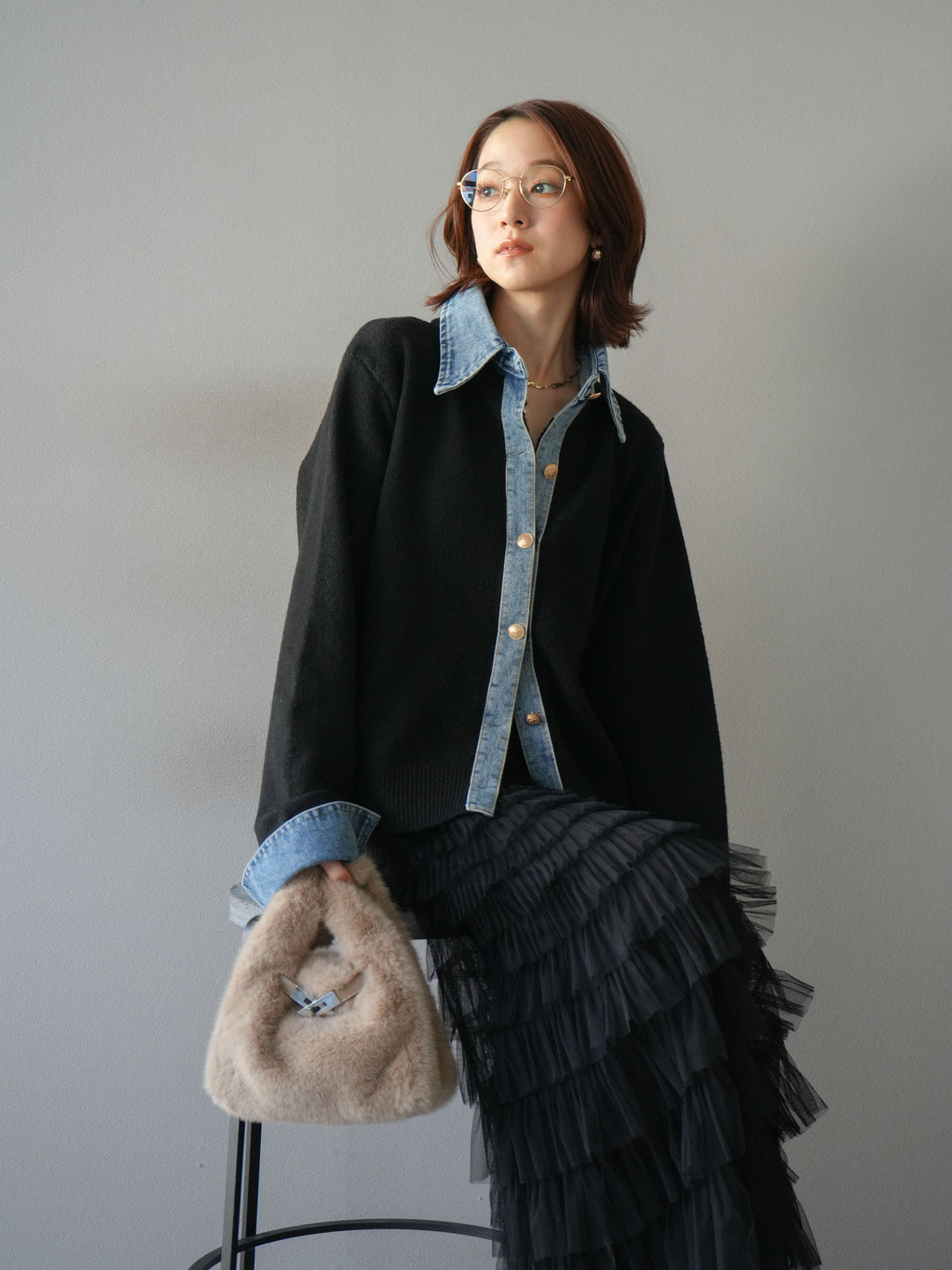 [予約]デニム襟ボタンニットカーディガン/black