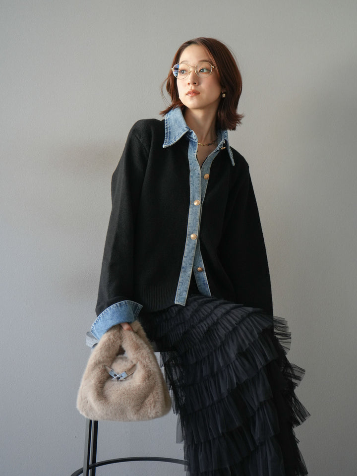 [予約]デニム襟ボタンニットカーディガン/black