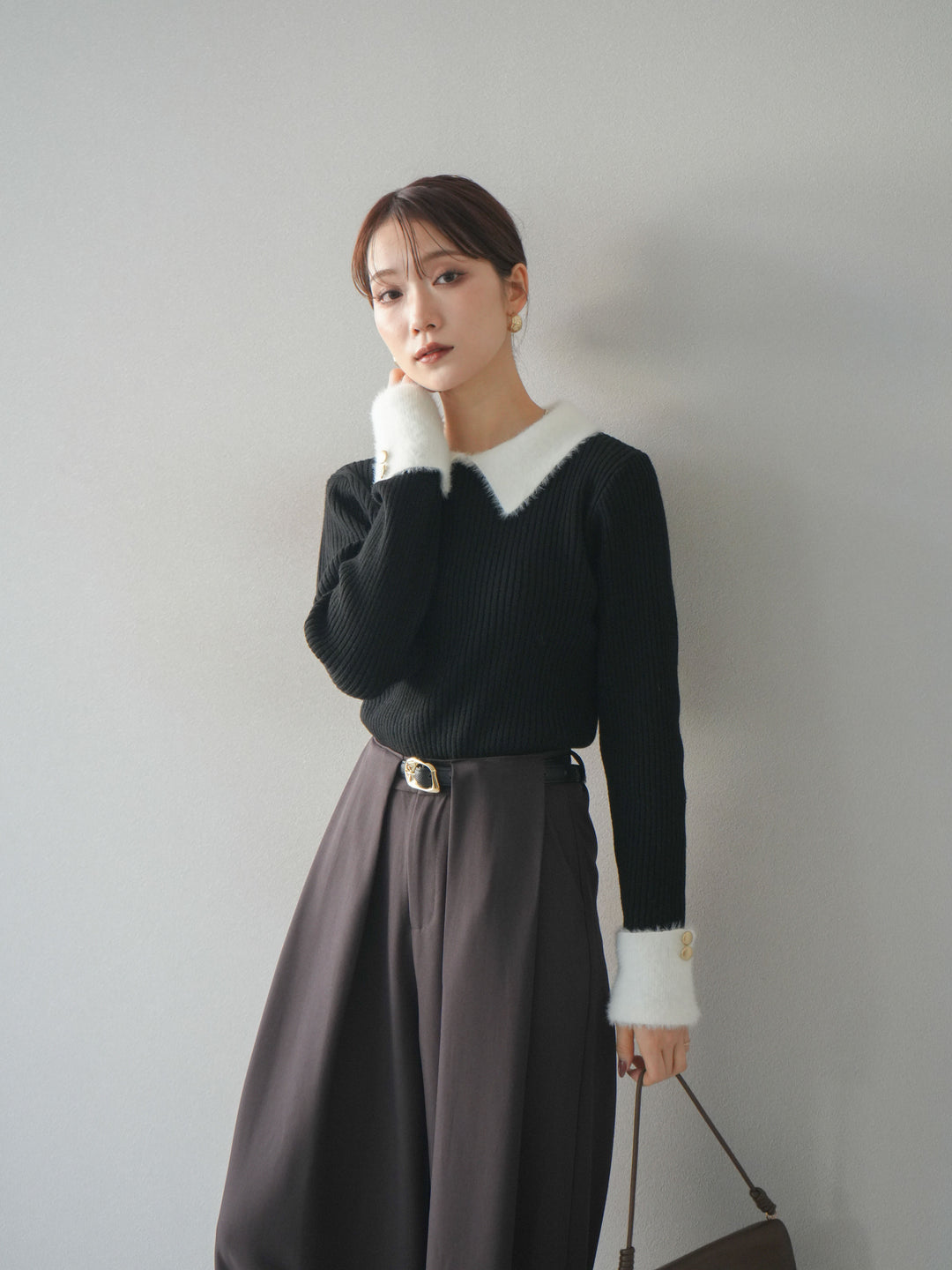 [SET]シャギー襟リブニットトップス+ベルトループデザインワイドパンツ(2set)