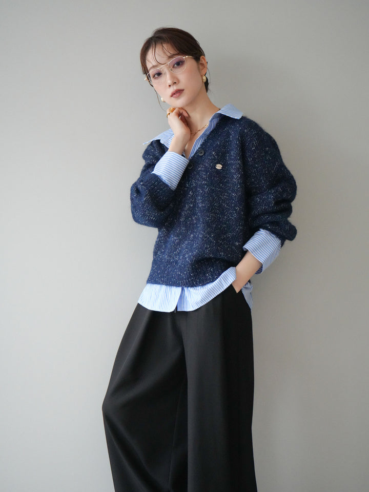 [予約]ストライプシャツドッキングMIXヤーンニットプルオーバー/navy