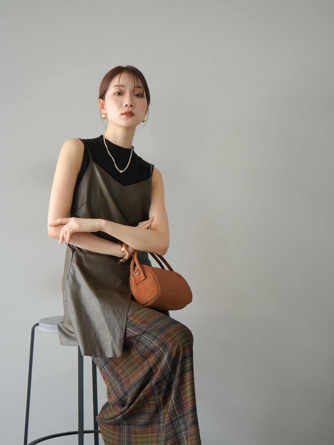 [予約]レイヤードレザーキャミソールチュニック/ブラウン