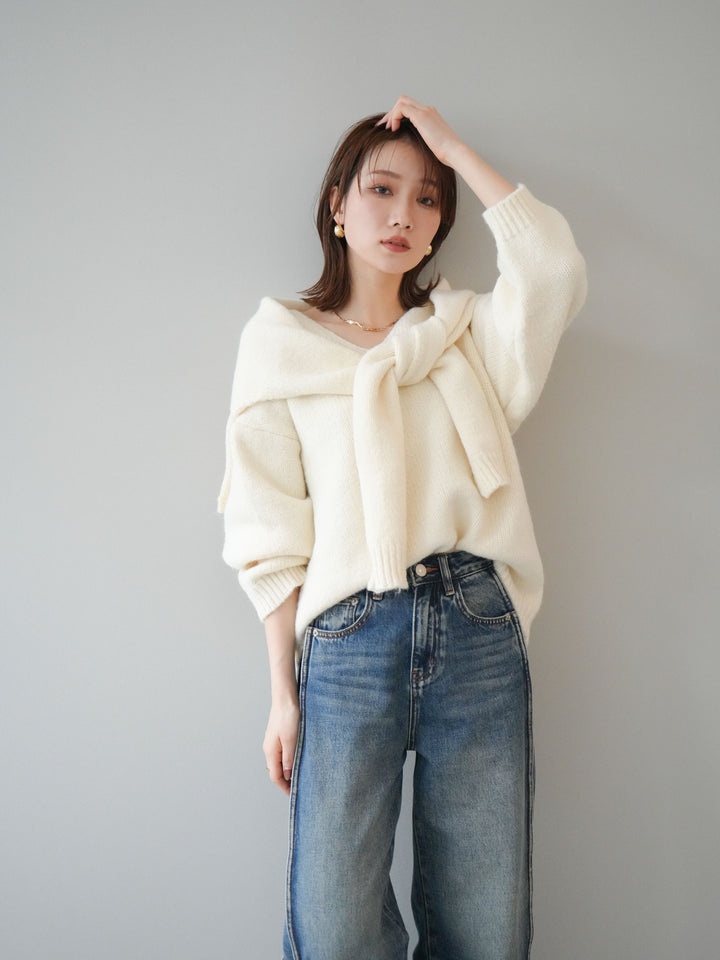 [予約]ストール付きVネックニットプルオーバー/white