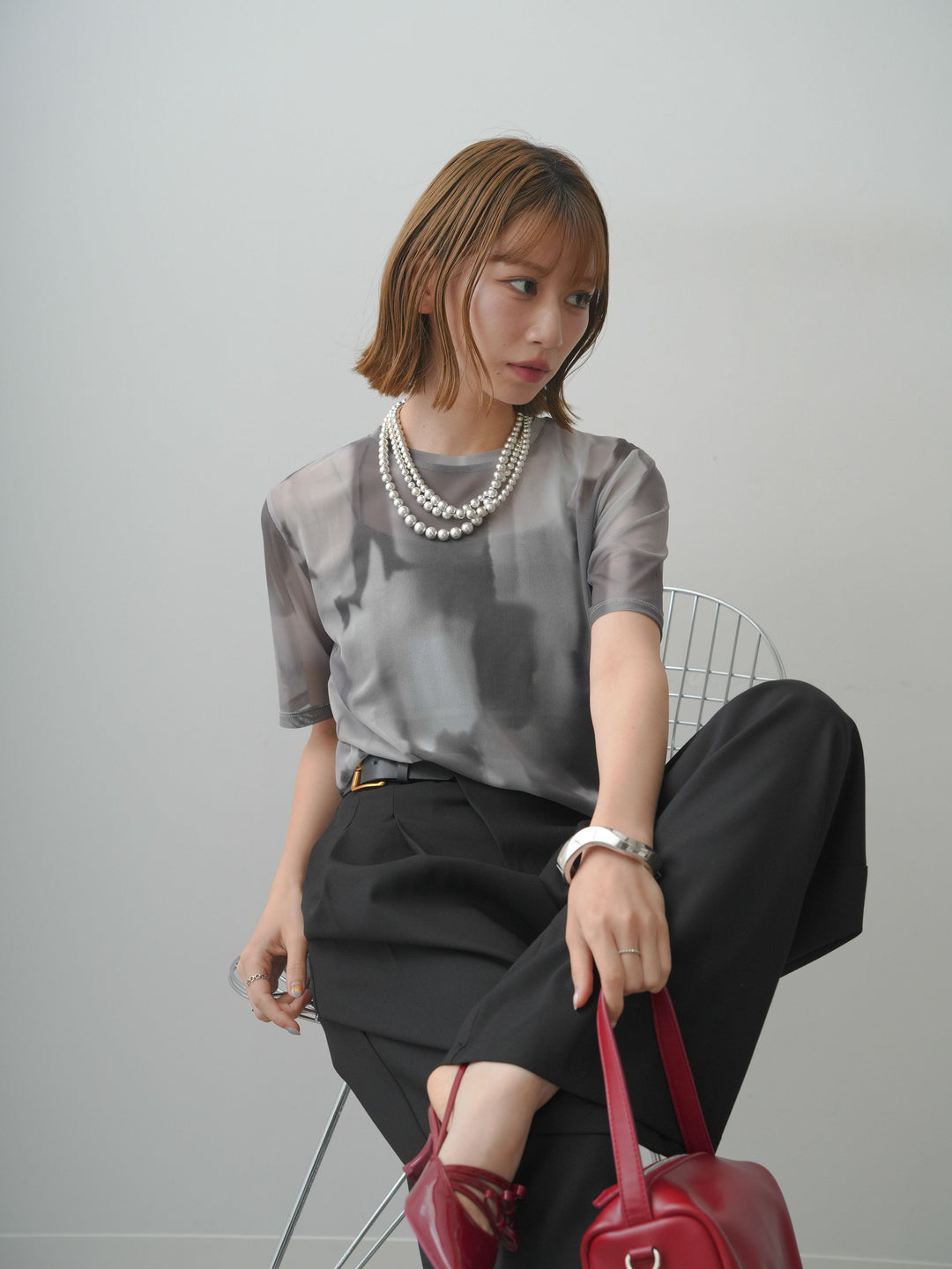 [予約]水彩柄メッシュシアー半袖プルオーバー/monokuro