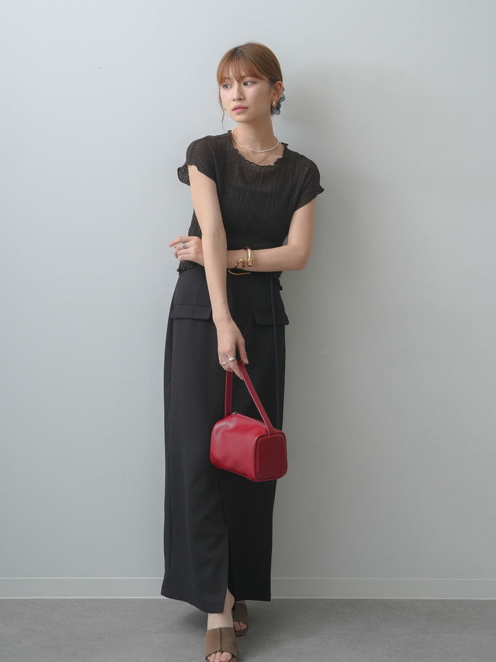 [SET]シャーリングシアーバックオープンフレンチトップス+クレープデシンフラップ付きストレートスカート(2set)