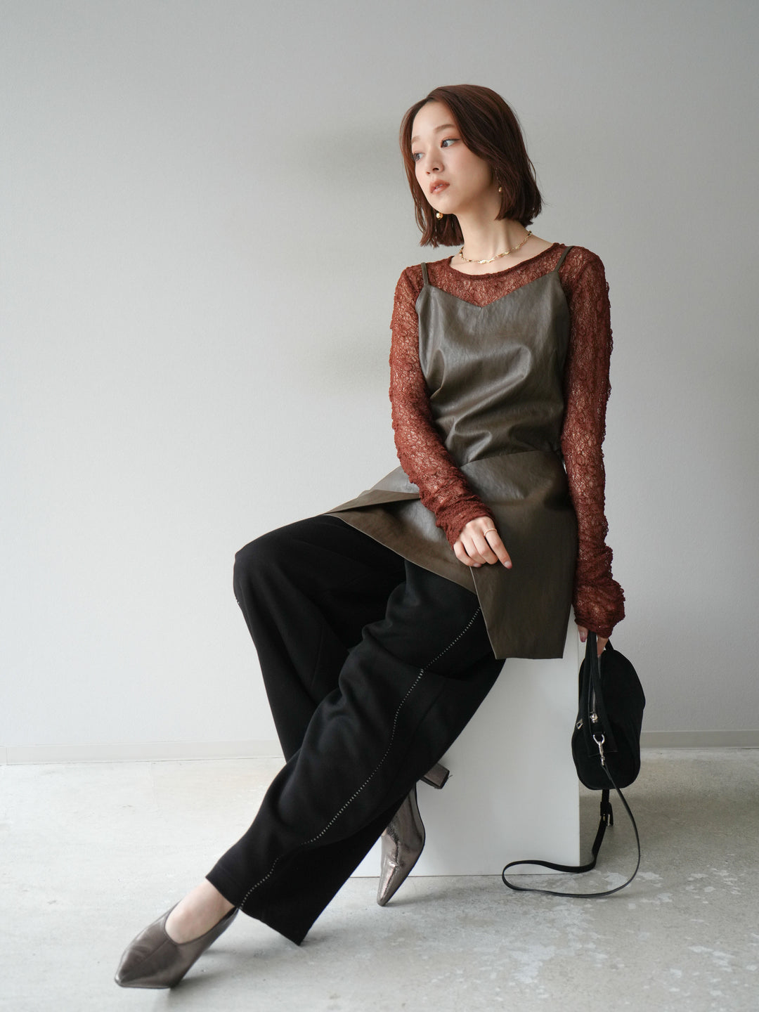 [予約]レイヤードレザーキャミソールチュニック/ブラウン