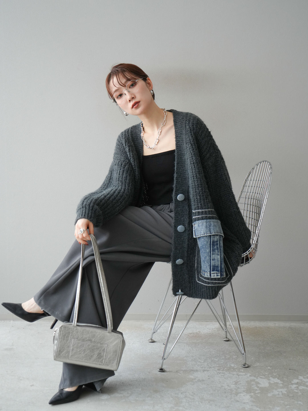 [予約]デニムポケットハンドステッチカーディガン/gray