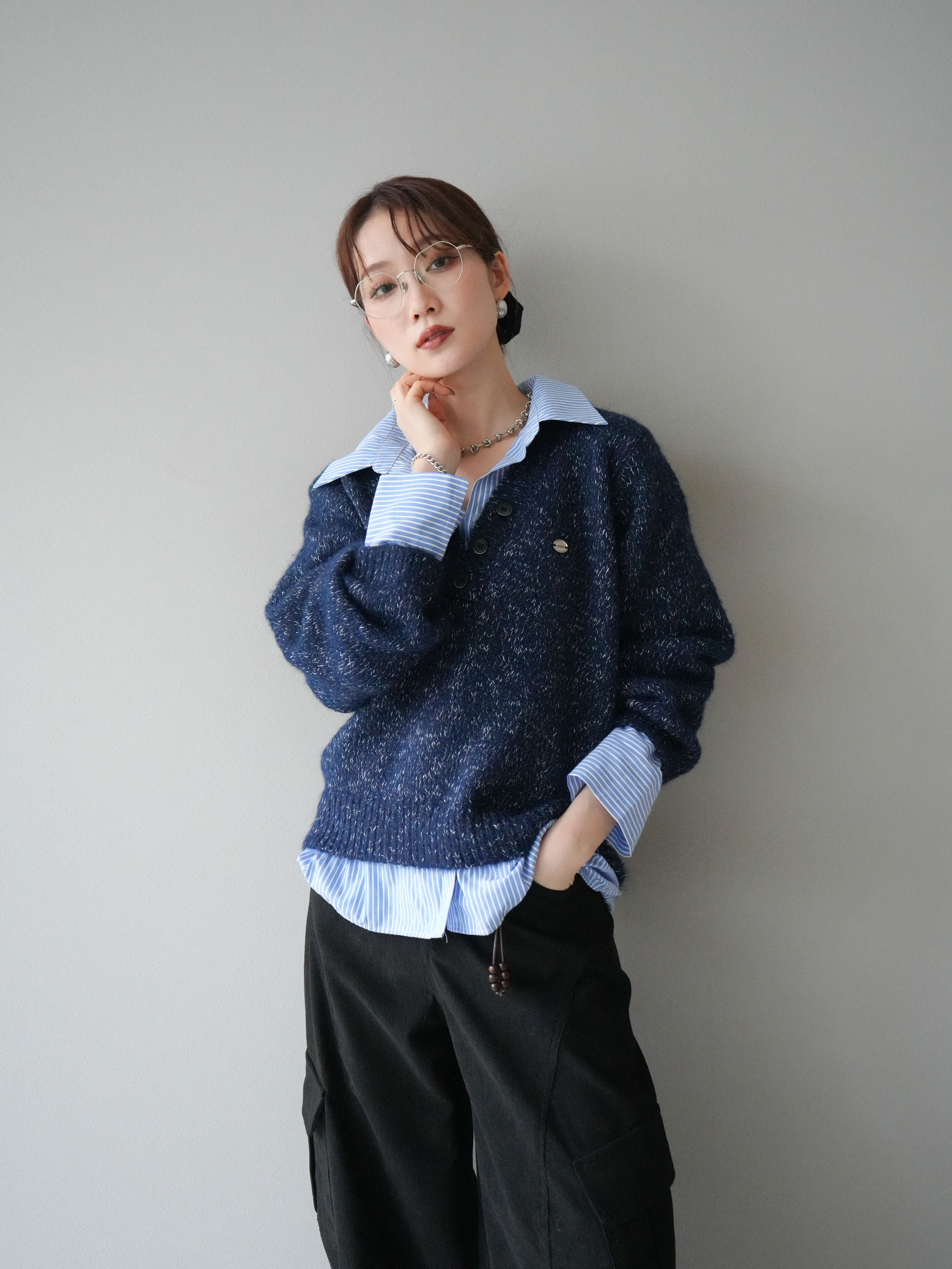 予約]ストライプシャツドッキングMIXヤーンニットプルオーバー/navy