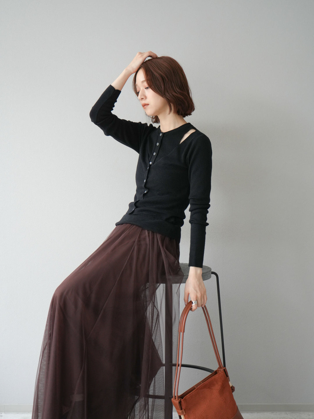 [予約]レイヤードデザインニットカーディガン/ブラック