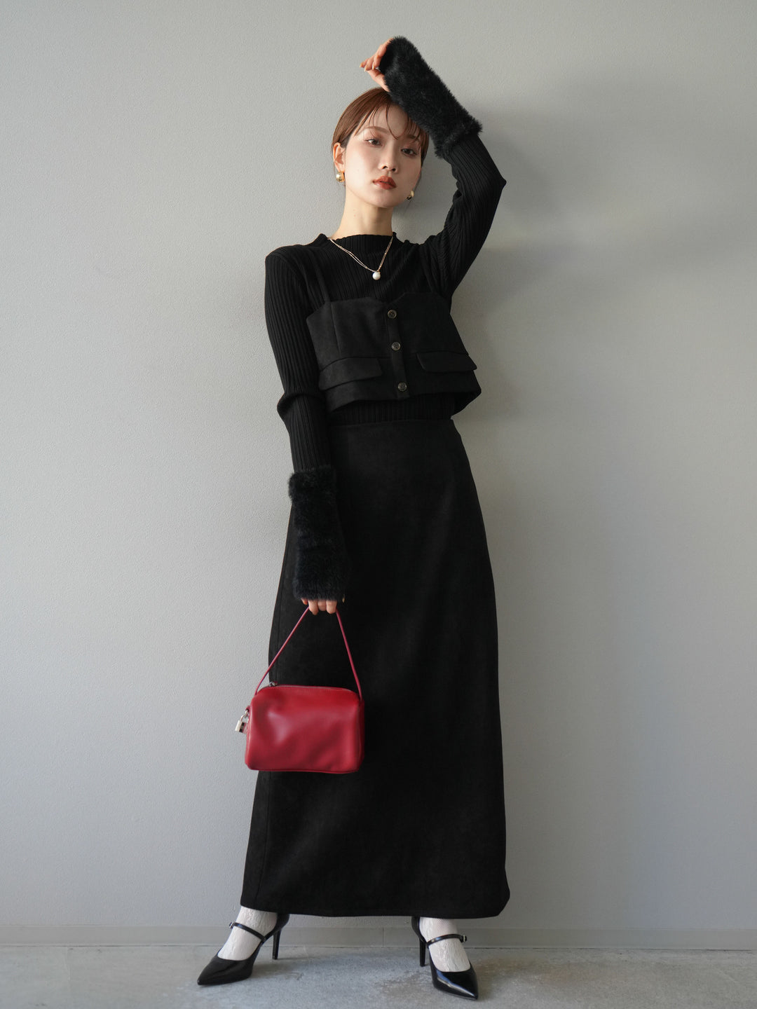 [SET]スウェードビスチェ+アームシャギーランダムリブニットトップス+スウェードIラインスカート(3set)