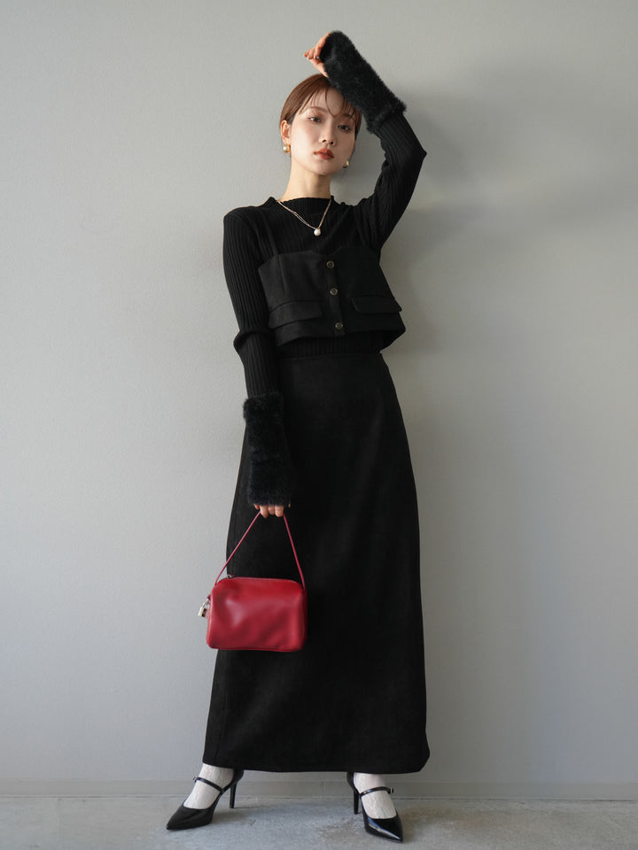 [SET]スウェードビスチェ+アームシャギーランダムリブニットトップス+スウェードIラインスカート(3set)