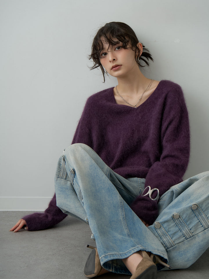 [SET]カシミア混フェザータッチVネックニットトップス+ナポレオンライトウォッシュワイドデニム(2set)