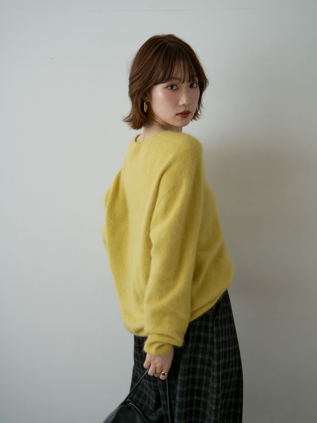 [SET]カシミア混フェザータッチVネックニットトップス+チェックサイドベルトデザインタックパンツ(2set)