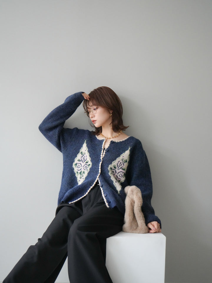 [予約]アンティークフラワージャガードニットカーディガン/navy