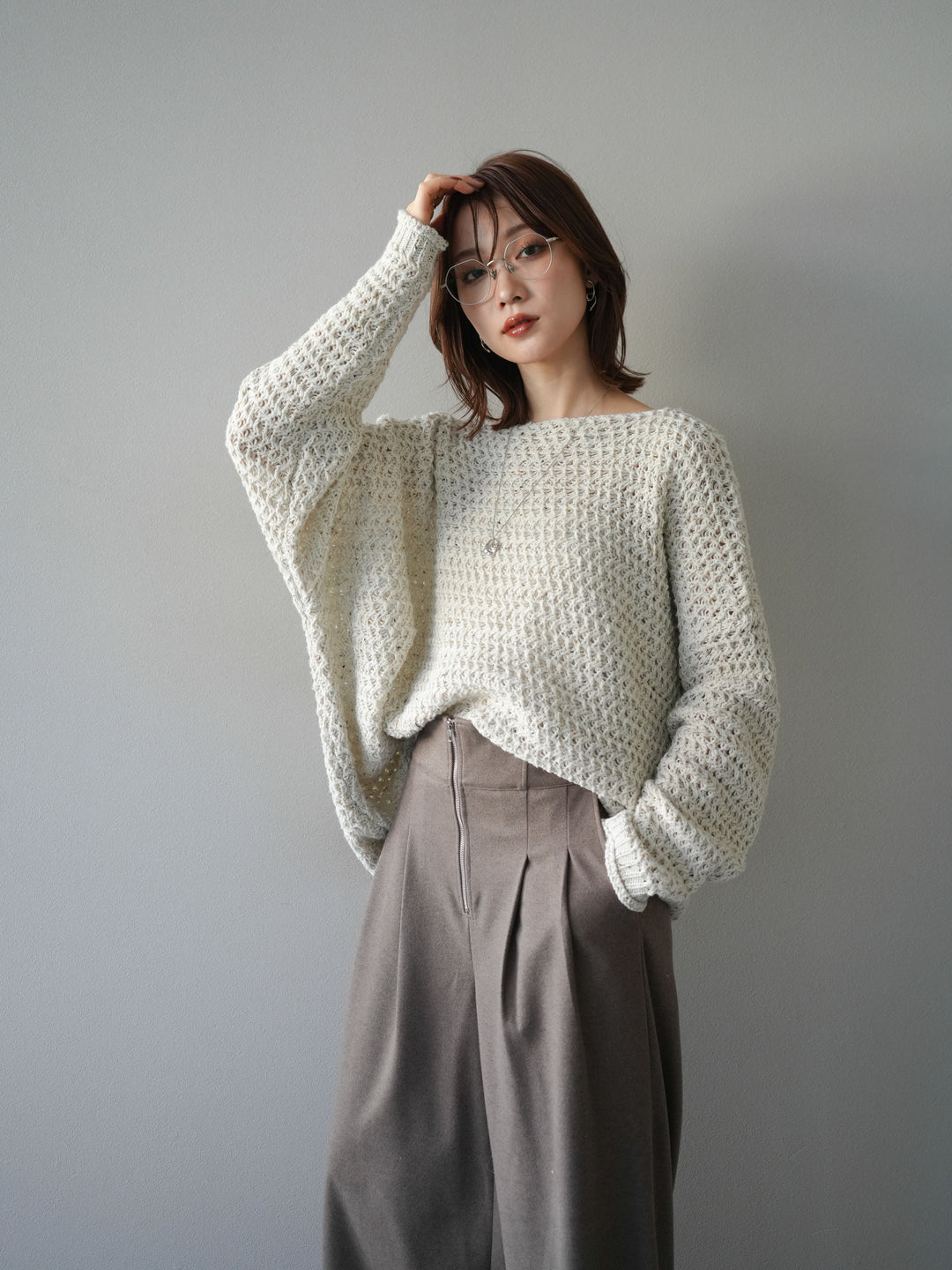 [予約]ネップ透かし編みオーバーニット/ivory
