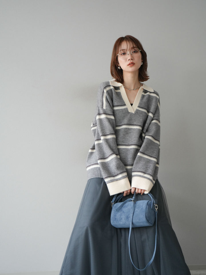 [SET]ポロ襟スキッパーボーダーニットプルオーバー+チュールボリュームスカート(2set)