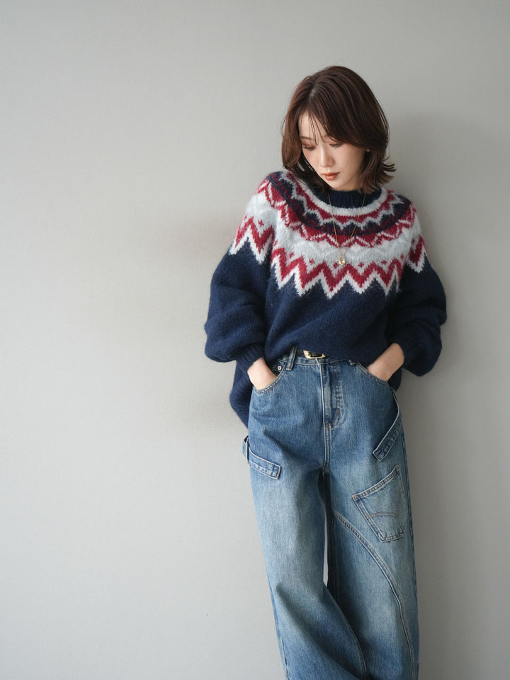 [SET]求心柄オーバーニットプルオーバー+ペインターカーブデニムパンツ(2set)