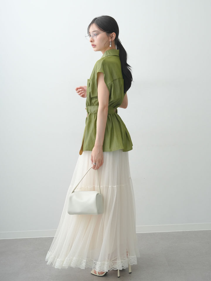 [予約]メッシュベルト付ウエストギャザーノースリーブシャツ/green