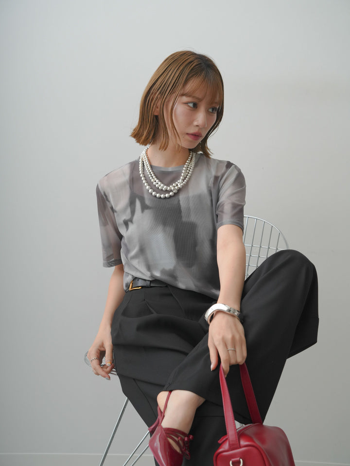 [SET]水彩アートシアーTシャツ+アシンメトリーベルトタックワイドパンツ(2set)