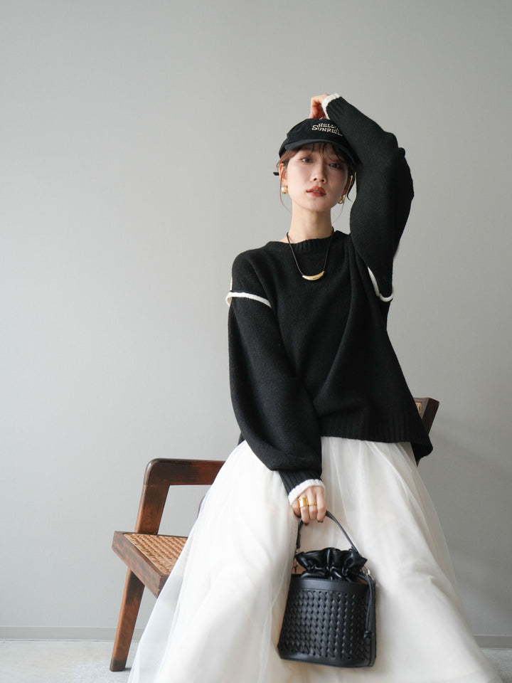 [予約]バイカラーパイピングニットプルオーバー/black