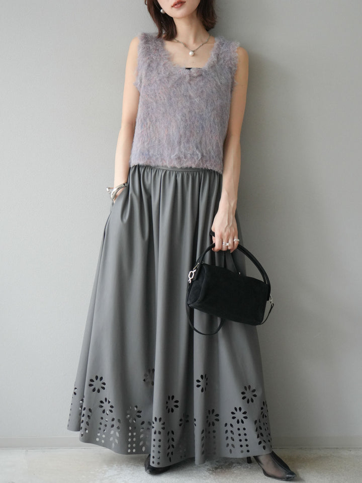 [予約]フラワーパンチングレザースカート/グレー