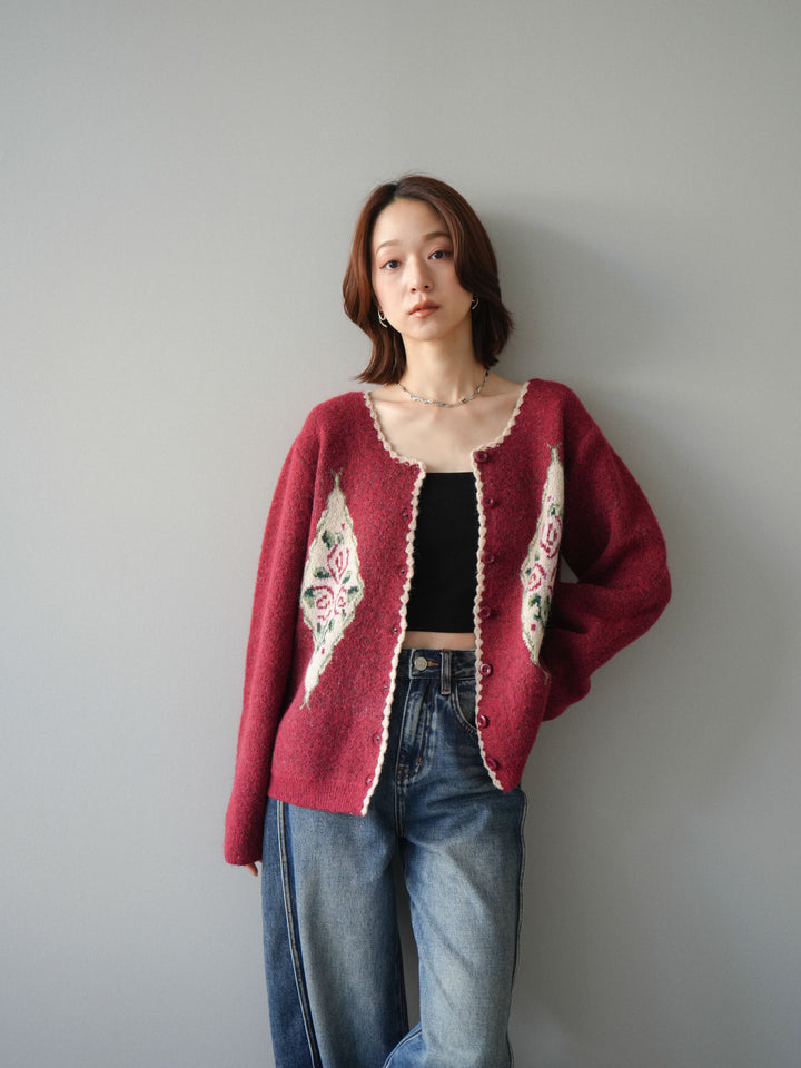 [予約]アンティークフラワージャガードニットカーディガン/red