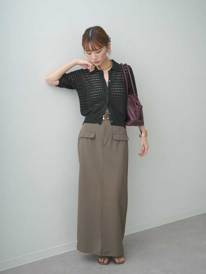 [SET]格子編み襟付きハーフニットカーディガン+クレープデシンフラップ付きストレートスカート(2set)