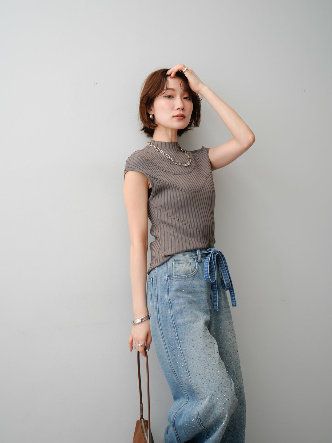 [予約]モードラインリブフレンチニットトップス/greige