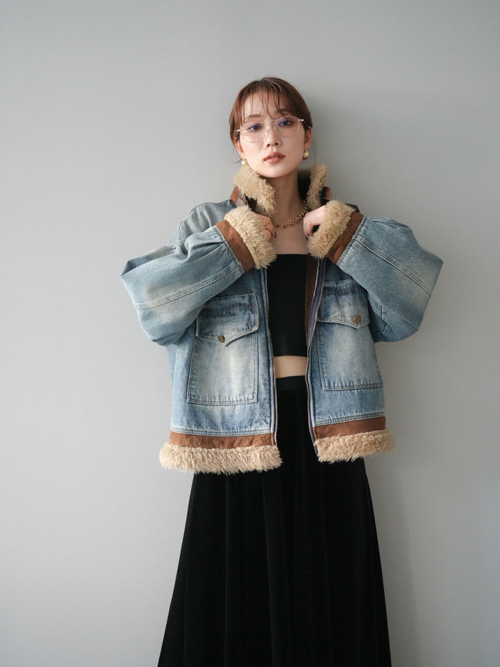 [予約]スタンドカラーファー×デニムジャケット/lightblue