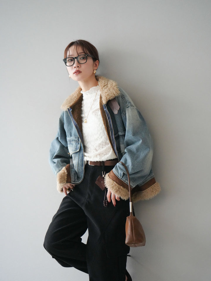 [予約]スタンドカラーファー×デニムジャケット/lightblue