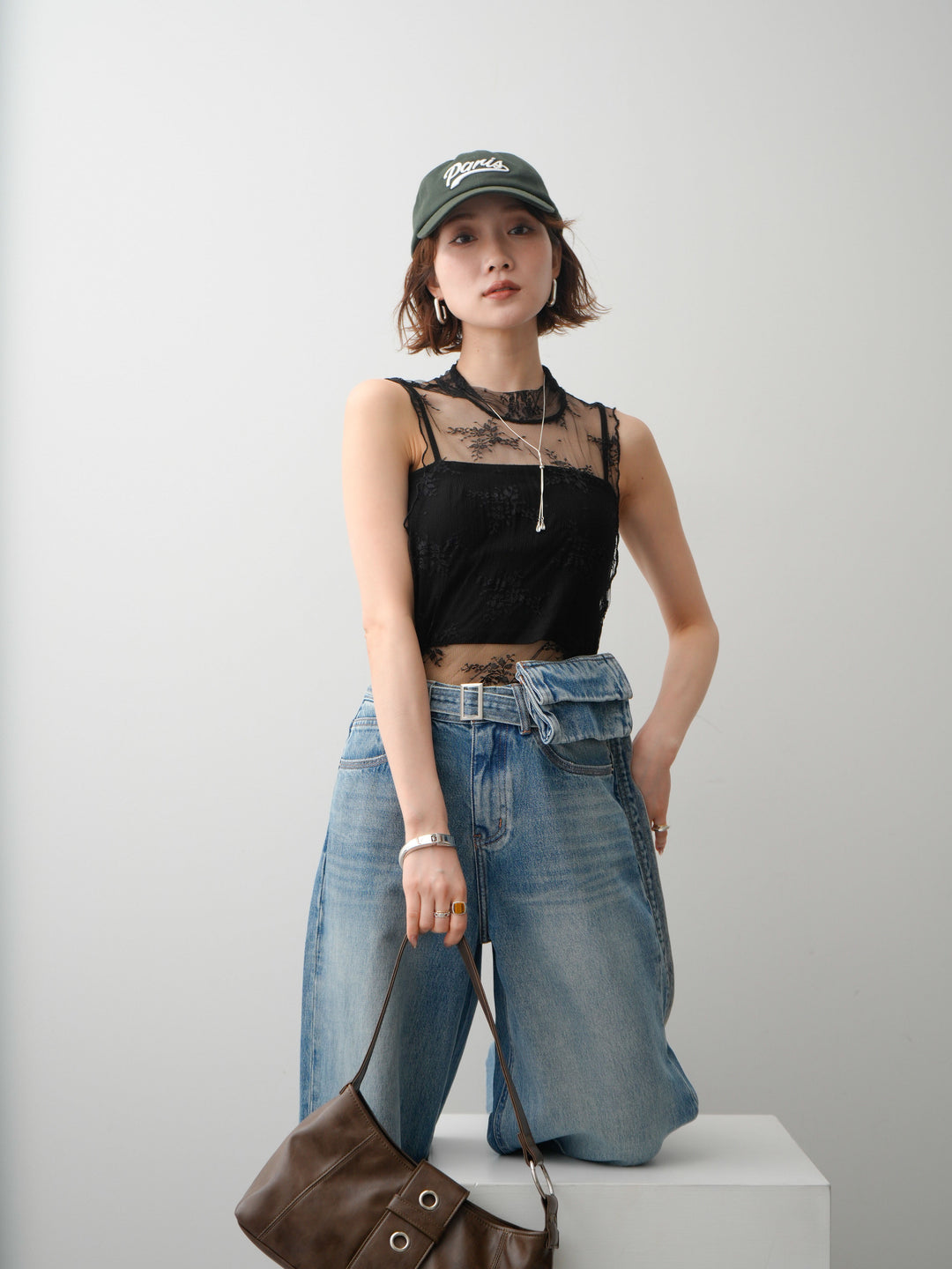[予約]シースルーストレッチレースノースリトップス/black